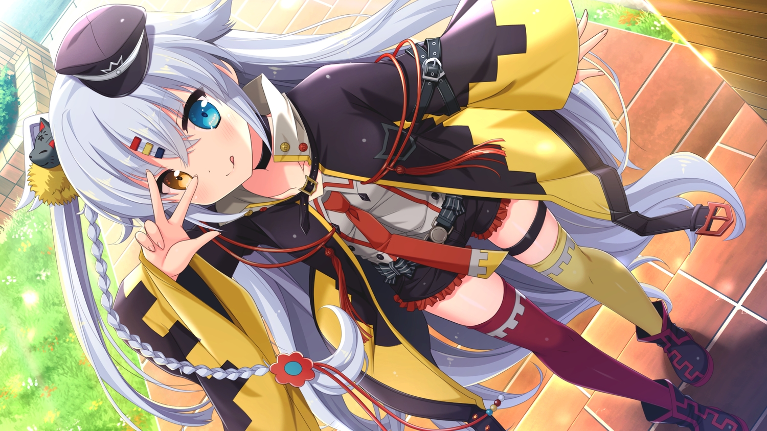 bicolored_eyes, blush, boots, choker, game_cg, gray_hair, hat, hulotte, ikegami_akane, kuzunoha_chitose, long_hair, ore_no_sugata_ga_toumei_ni!?_invisible_to_suuki_na_unmei, shorts, thighhighs, zettai_ryouiki