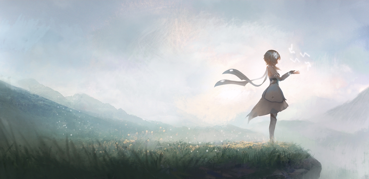 anna_(drw01), blonde_hair, clouds, flowers, genshin_impact, grass, lumine_(genshin_impact), scarf, scenic, short_hair, sky