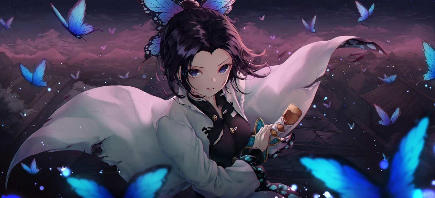 black_hair, blue_eyes, butterfly, h2o_(dfo), japanese_clothes, katana, kimetsu_no_yaiba, kochou_shinobu, sword, uniform, weapon