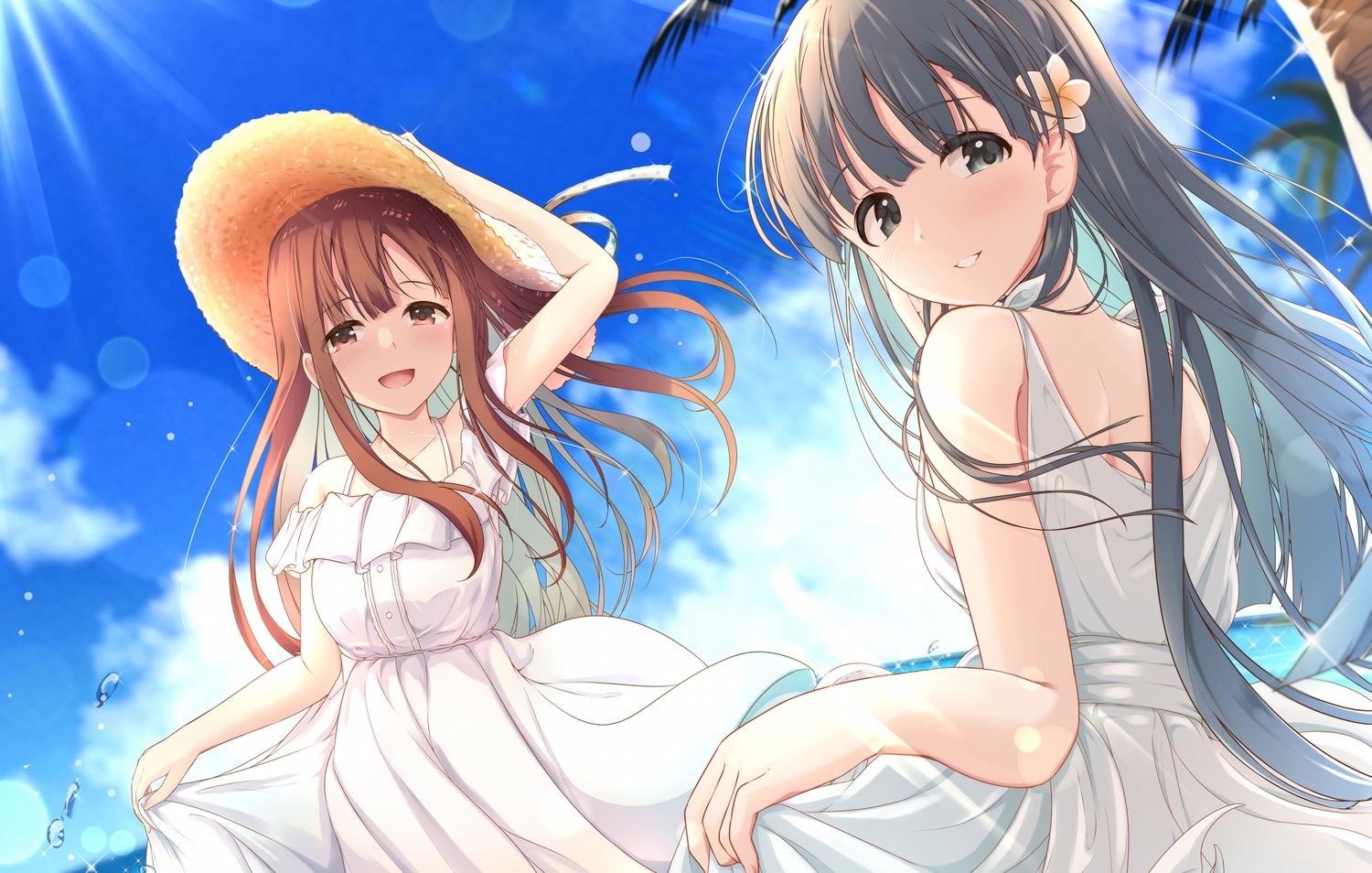 2girls, akisaka_yamoka, aliasing, clouds, dress, hat, idolmaster, idolmaster_cinderella_girls