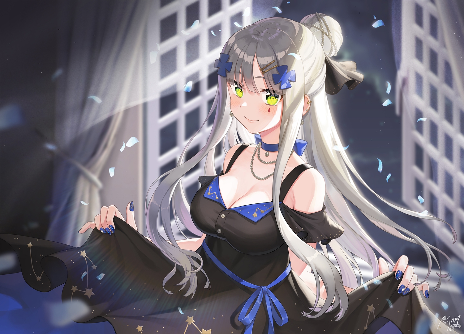 anthropomorphism, blush, breasts, choker, cleavage, girls_frontline, gray_hair, green_eyes, hk416_(girls_frontline), long_hair, necklace, noixen, signed, skirt_lift, tattoo