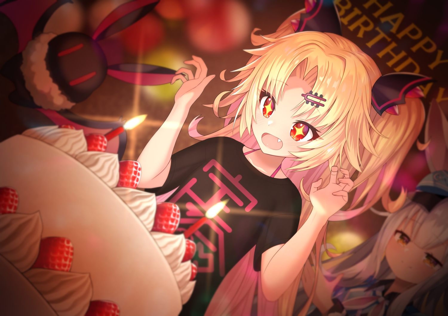 2girls, akatsuki_yuni, animal, animal_ears, bat, bettle_(b_s_a_n), blonde_hair, blush