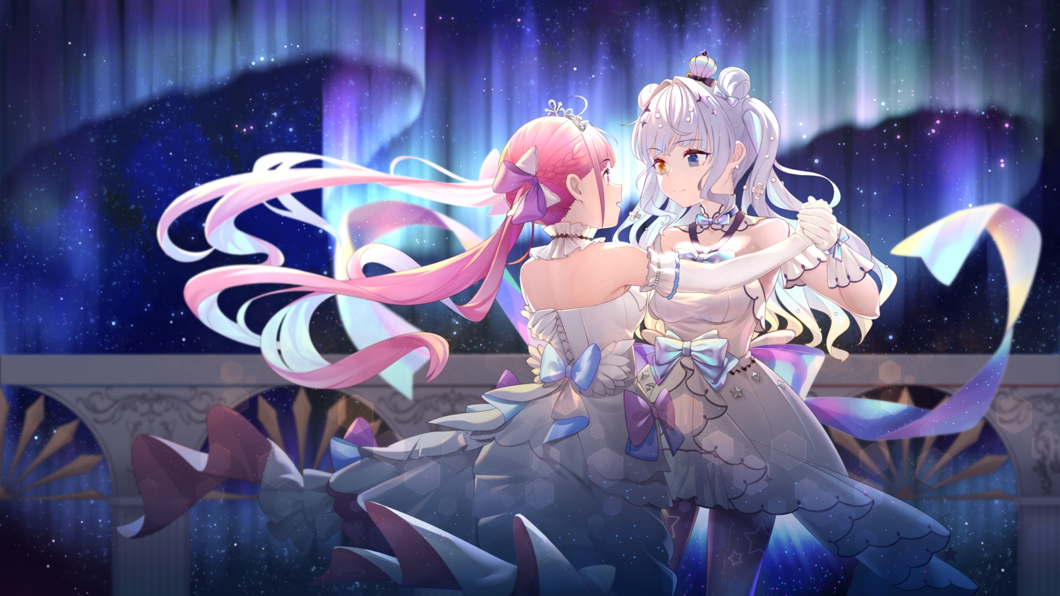2girls, bicolored_eyes, hololive, kagura_gumi, kagura_mea, minato_aqua, pink_hair, shoujo_ai, twintails, yao_unripe
