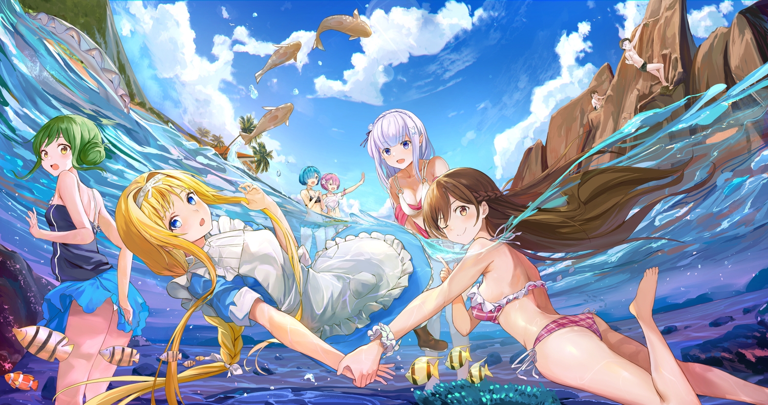 alice_zuberg, animal, bikini, blonde_hair, braids, clouds, crossover, emilia_(re:zero)