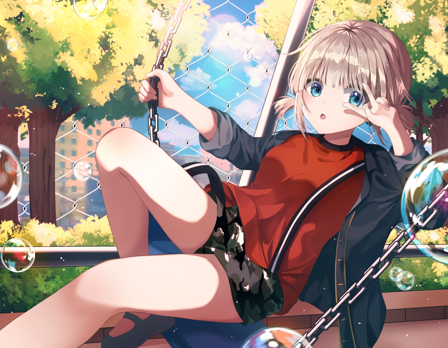 aqua_eyes, blonde_hair, bubbles, building, chain, city, clouds, idolmaster