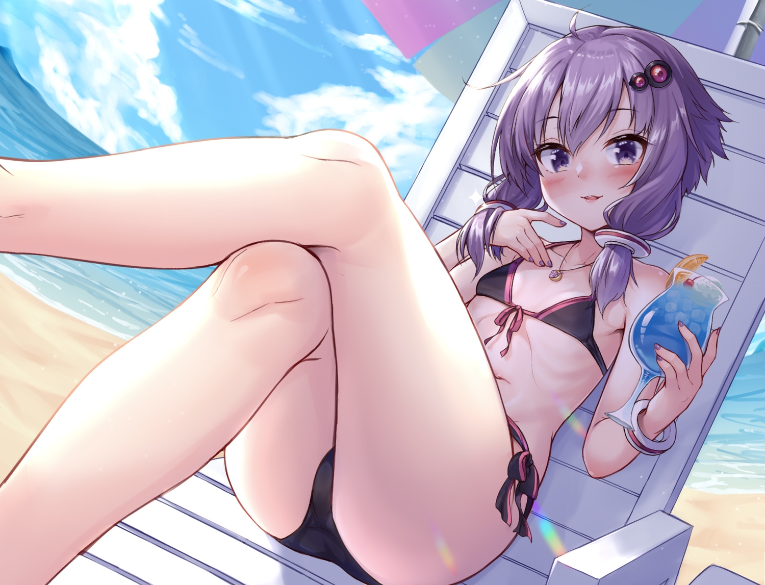 beach, bikini, clouds, drink, purple_hair, sky, swimsuit, tenneko_yuuri