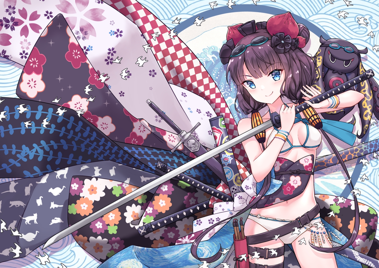 aqua_eyes, bikini, fate/grand_order, fate_(series), garter, goggles, katsushika_hokusai, profnote, purple_hair, swimsuit, sword, tokitarou_(fate/grand_order), twintails, weapon