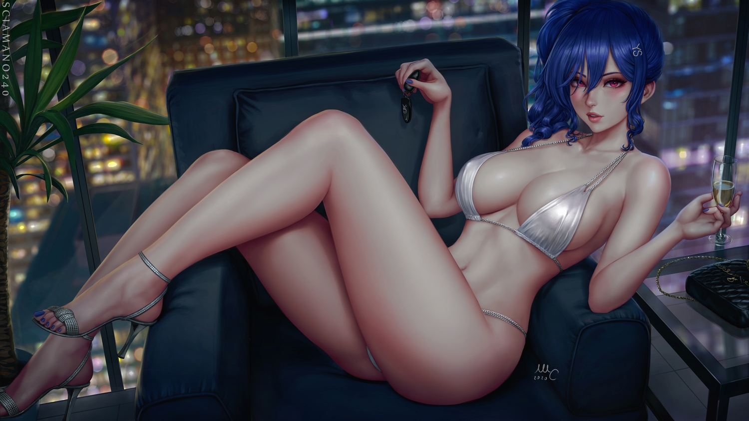 anthropomorphism, azur_lane, bikini, blue_hair, building, city, drink, long_hair