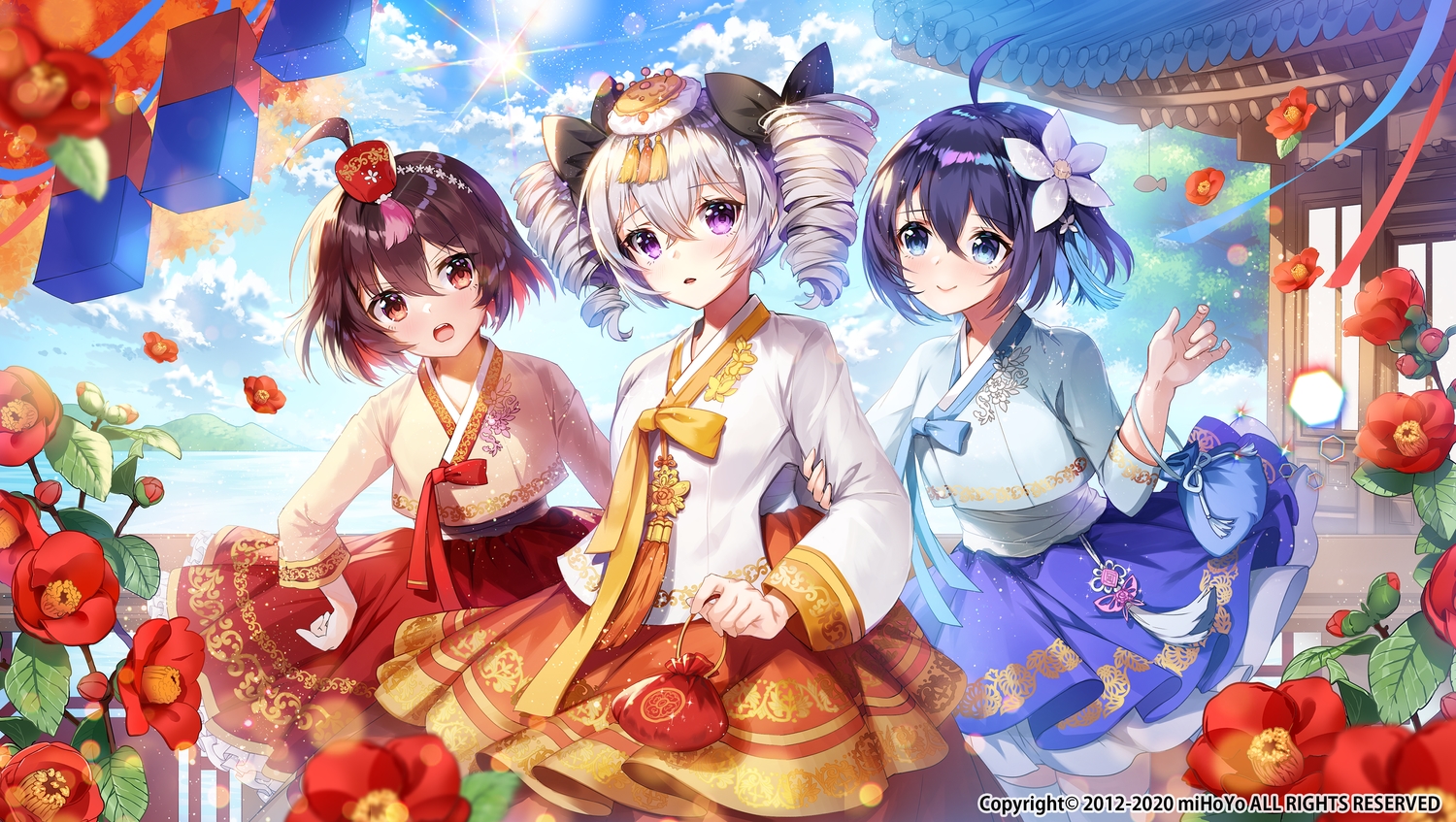 applecaramel_(acaramel), autumn, bronya_zaychik, building, chinese_clothes, clouds, flowers, honkai_impact