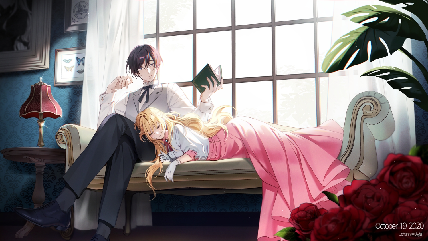 blonde_hair, book, couch, dress, flowers, gloves, kiwi_(pixiv6429539), long_hair