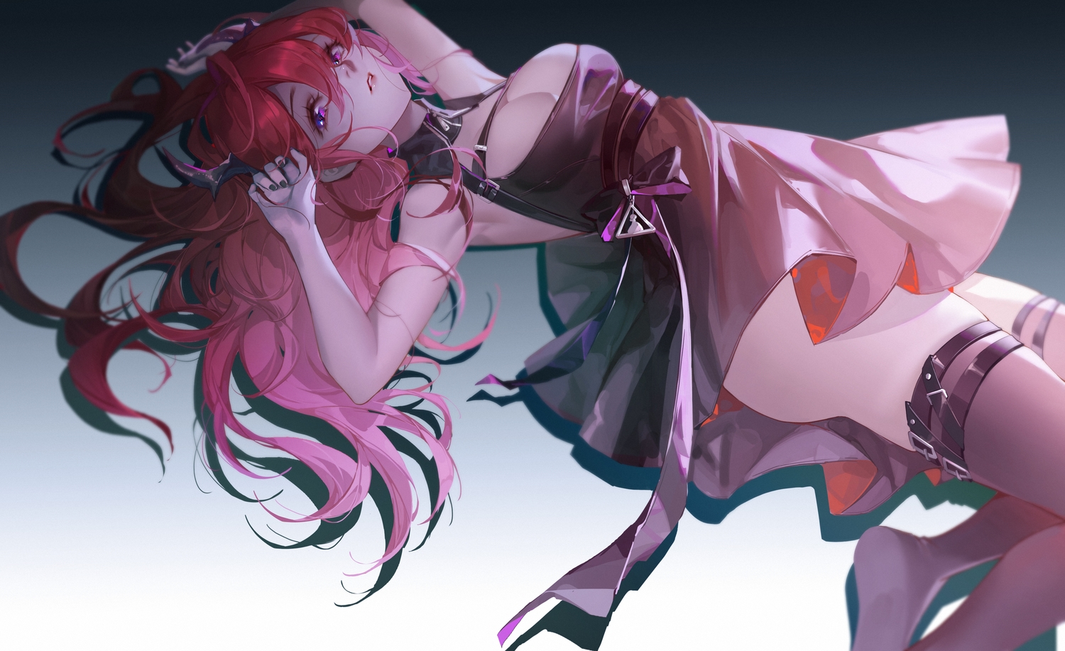 arknights, breasts, cleavage, dress, gradient, horns, long_hair, purple_eyes, red_hair, surtr_(arknights), tuzhate, zettai_ryouiki