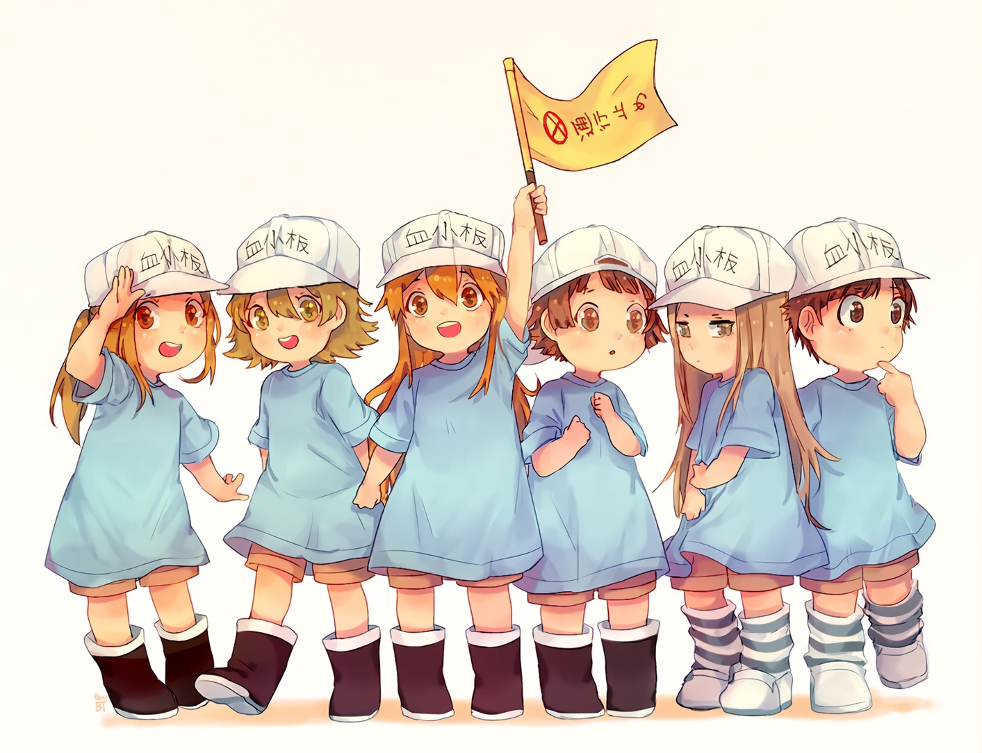 anthropomorphism, benzbt, blonde_hair, brown_eyes, group, hat, hataraku_saibou, loli, long_hair, male, orange_hair, platelet_(hataraku_saibou), ponytail, short_hair, shorts, waifu2x