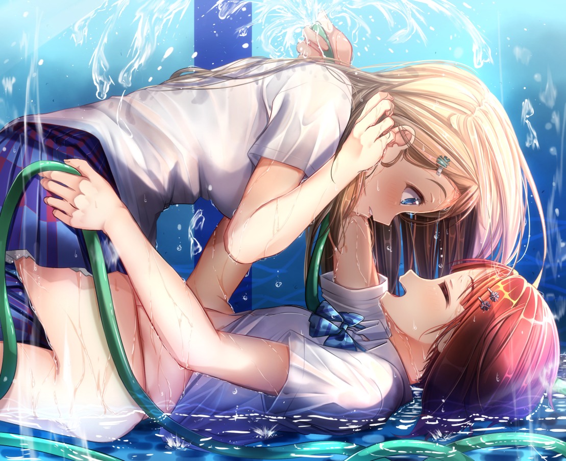 2girls, ayase_arisa, blonde_hair, blue_eyes, bow, kousaka_yukiho, long_hair, love_live!_school_idol_project