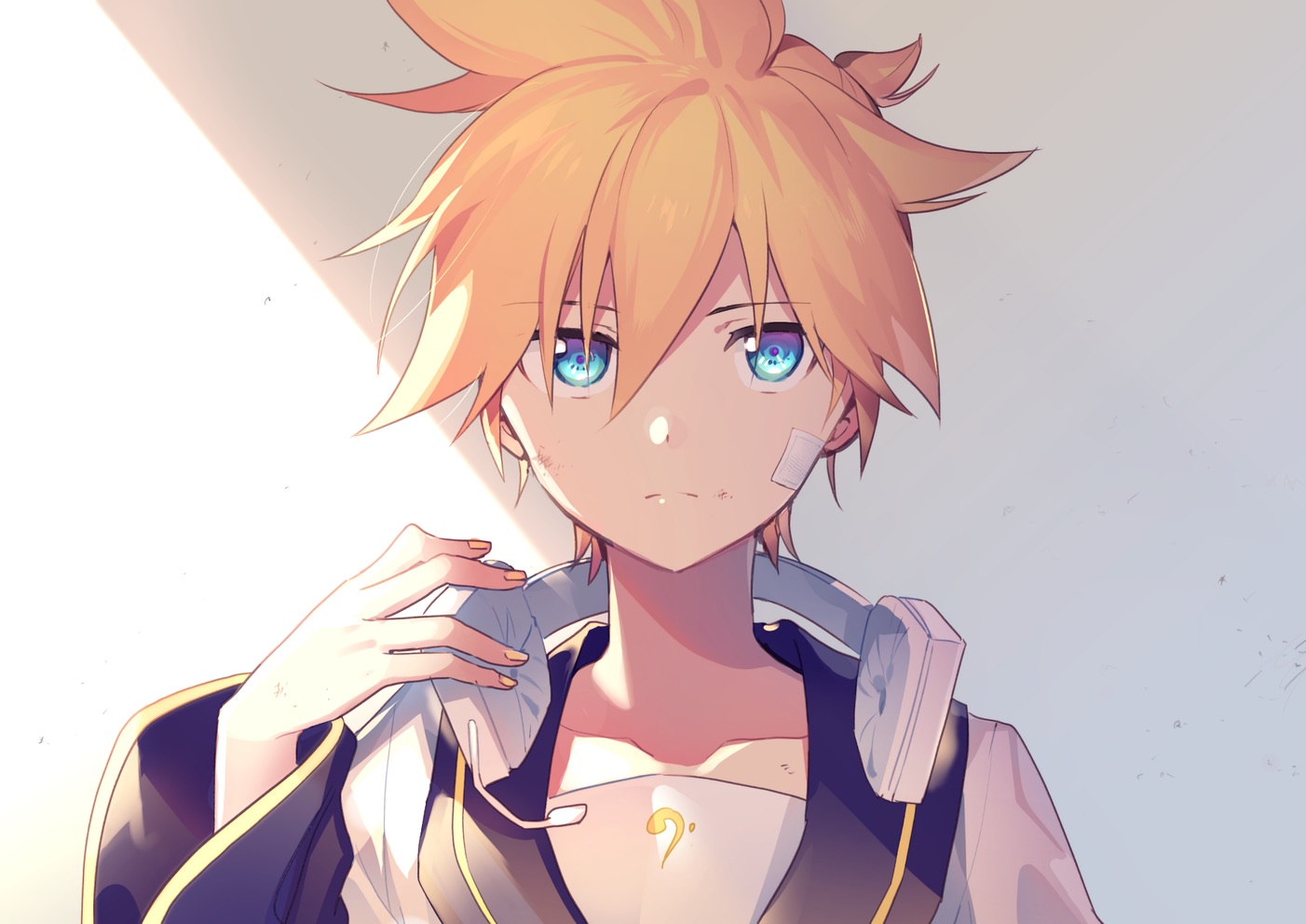 all_male, aqua_eyes, bandage, blonde_hair, close, headphones, kagamine_len, male, short_hair, sinaooo, vocaloid, waifu2x