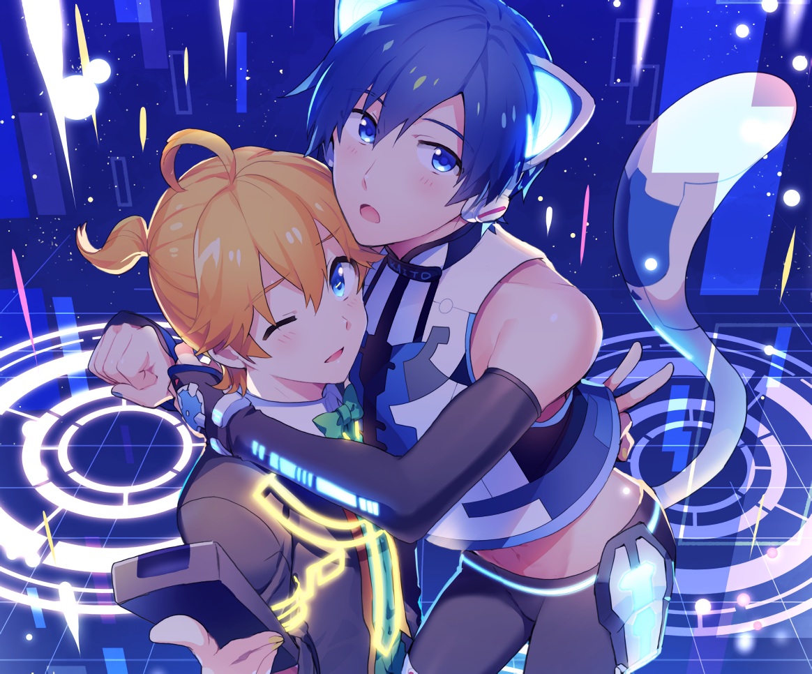 all_male, blonde_hair, blue_eyes, blue_hair, catboy, cropped, headphones, kagamine_len