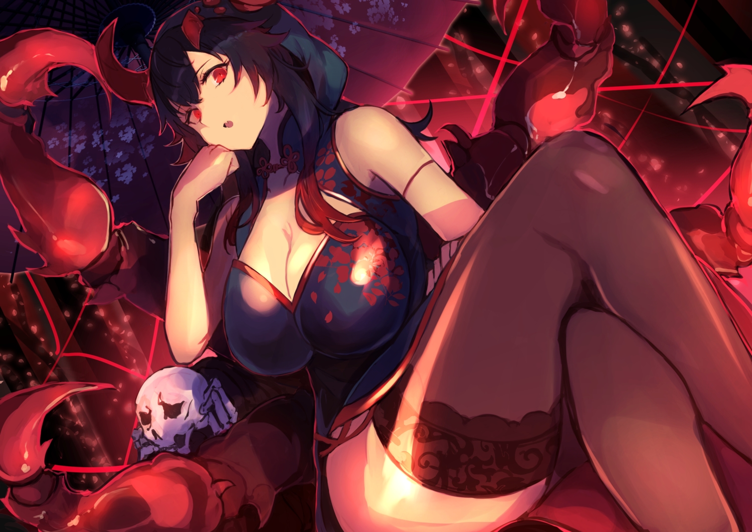 black_hair, breasts, chinese_clothes, chinese_dress, cleavage, dress, fang, hood, horns, long_hair, original, red_eyes, skull, thighhighs, tomocha_(tmc_tmc8), umbrella