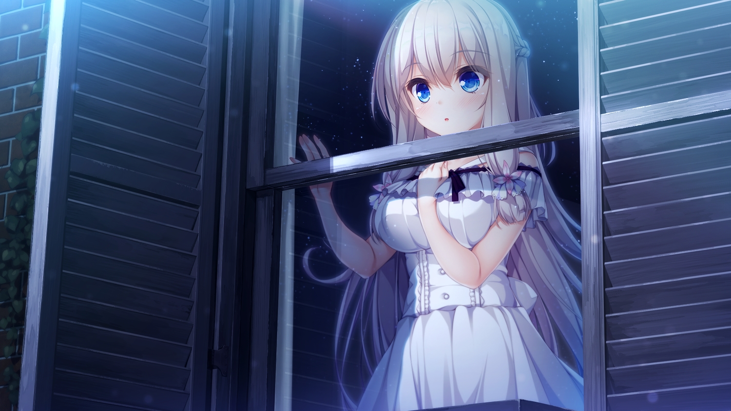 aqua_eyes, breast_hold, building, dress, game_cg, gray_hair, kimihara_yua, long_hair