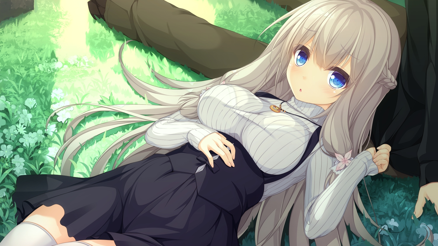 aqua_eyes, dress, game_cg, grass, gray_hair, green, kimihara_yua, long_hair
