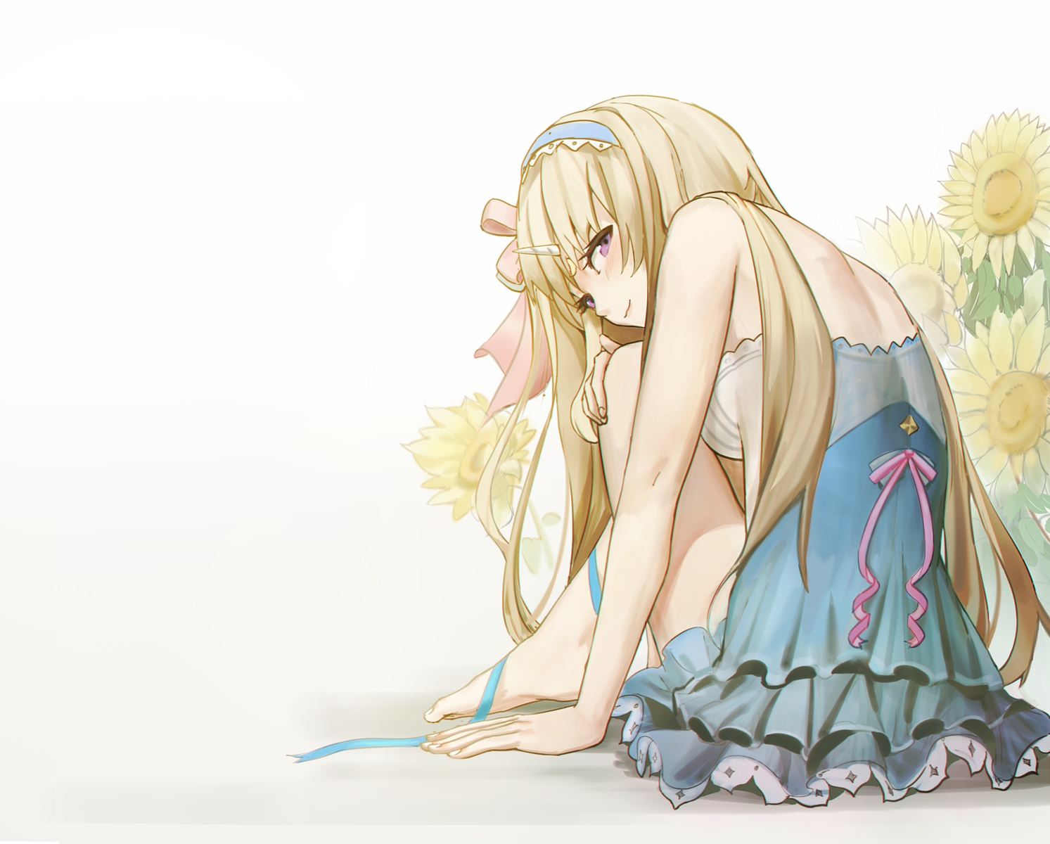 barefoot, blonde_hair, bow, civia, dress, flowers, headband, hololive, horns, long_hair, purple_eyes, ribbons, siyumu, sunflower