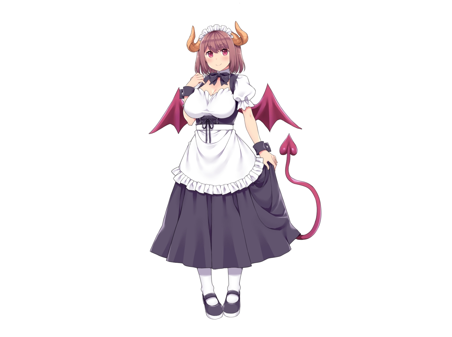 amane_hasuhito, apron, bow, breasts, brown_hair, cleavage, demon, dress