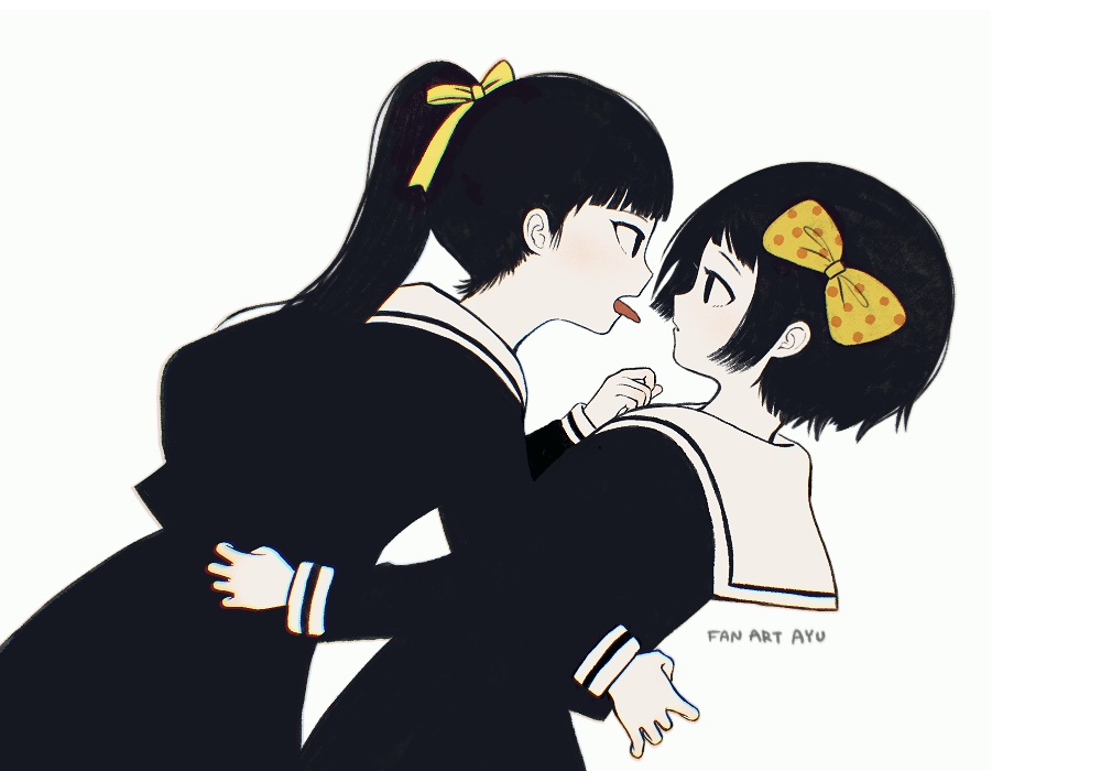 2girls, ayu_(mog), black_eyes, black_hair, bow, hug, kanabun_(shoujo_tsubaki), long_hair