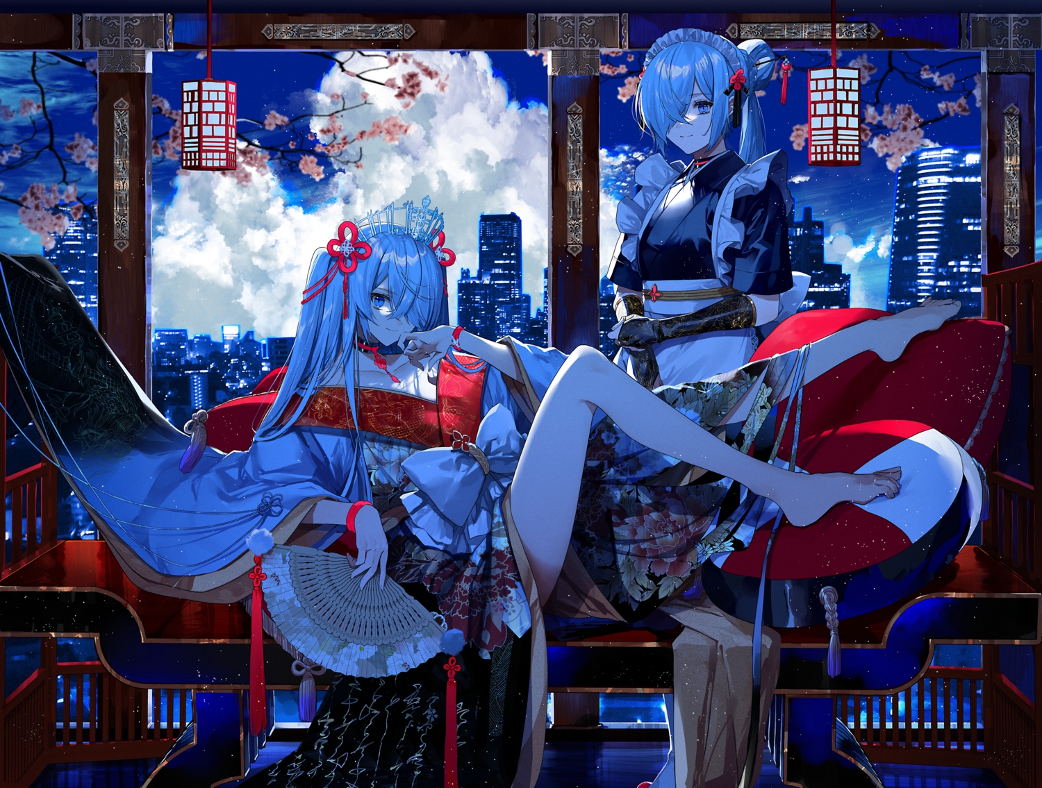 2girls, apron, aqua_eyes, aqua_hair, barefoot, bow, building, cherry_blossoms, choker, city, clouds, crown, elbow_gloves, fan, flowers, fuuna_(conclusion), gloves, headdress, japanese_clothes, kimono, long_hair, maid, night, original, sky, stars, twintails, wristwear