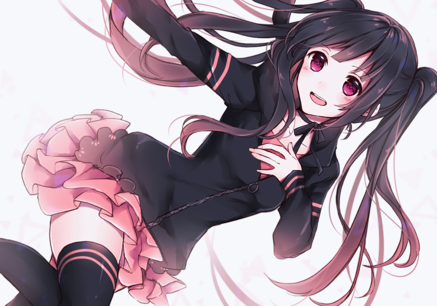 black_hair, hood, long_hair, nanase_eka, original, polychromatic, purple_eyes, skirt