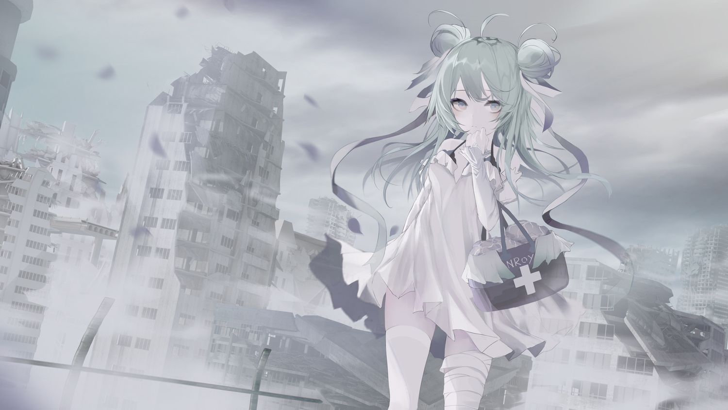 bandage, ceey, clouds, dress, food, gray, green_hair, original, polychromatic, ribbons, ruins, sky, thighhighs, zettai_ryouiki