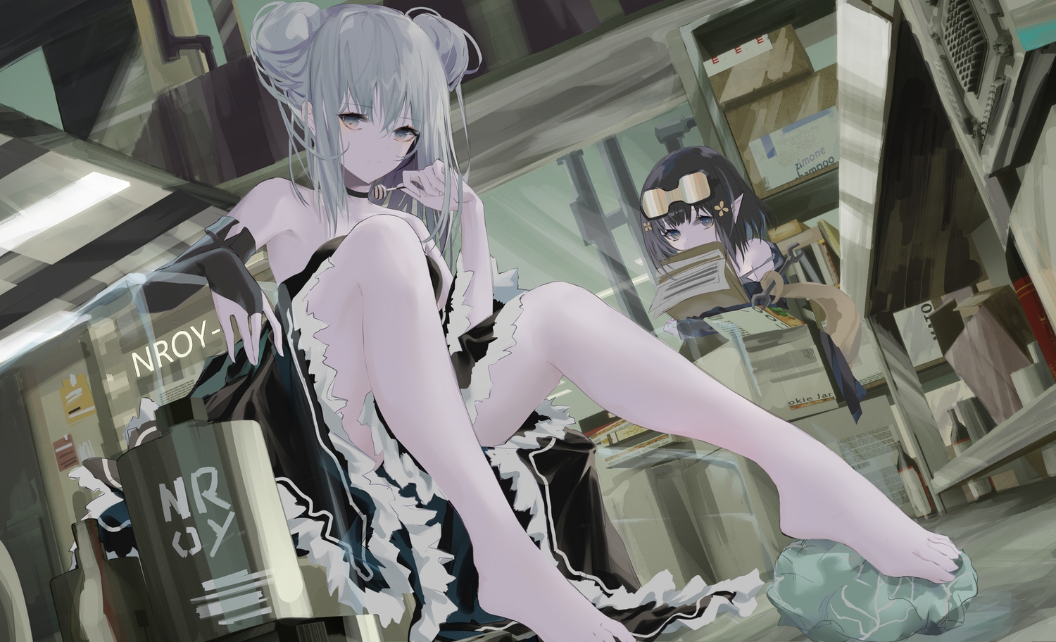 2girls, arknights, candy, ceey, eunectes_(arknights), goggles, goth-loli, lolita_fashion, lollipop, pointed_ears, tagme_(character), twintails, watermark