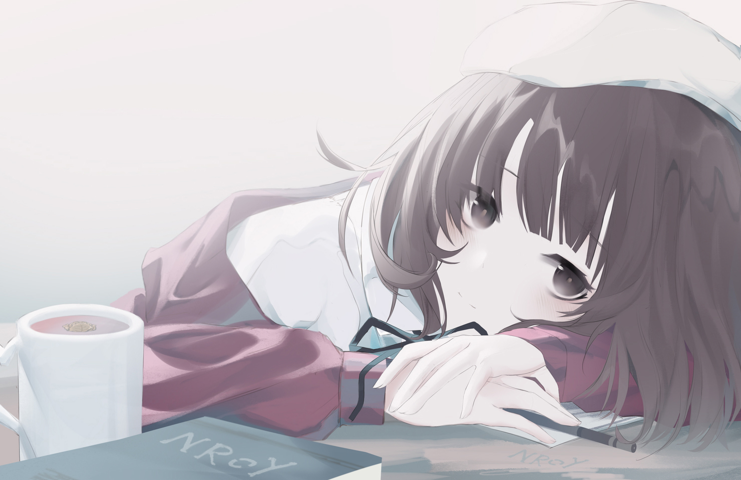 book, brown_eyes, brown_hair, ceey, close, drink, katou_megumi, paper