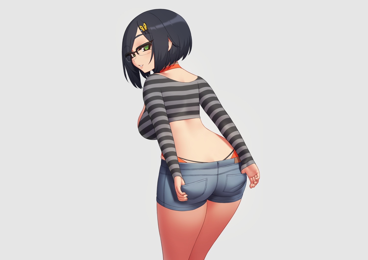 aliasing, ass, black_hair, blush, choker, glasses, gray, green_eyes
