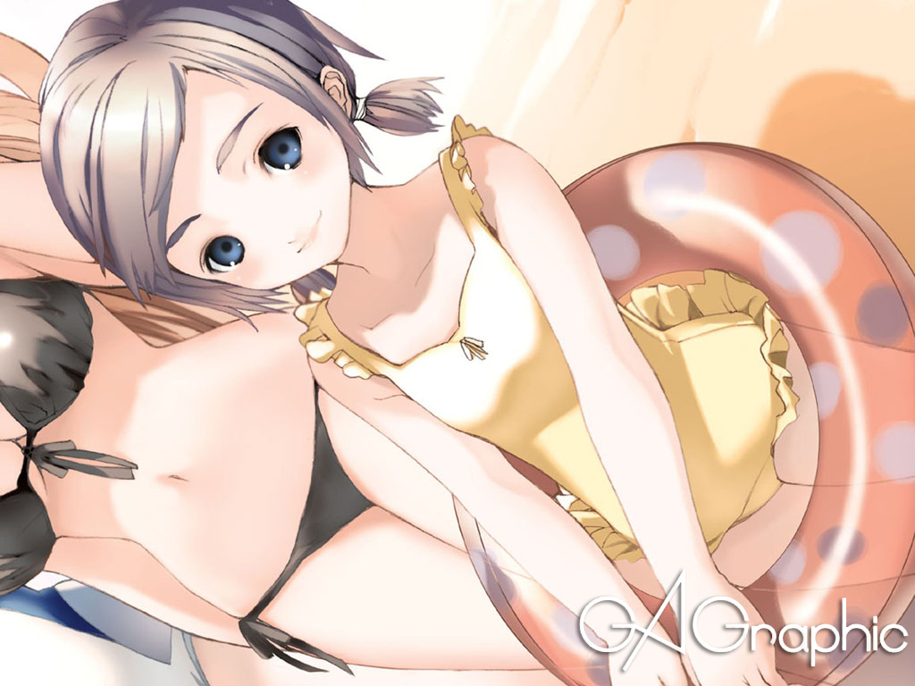 2girls, gagraphic, houden_eizou, logo, loli, swim_ring, swimsuit