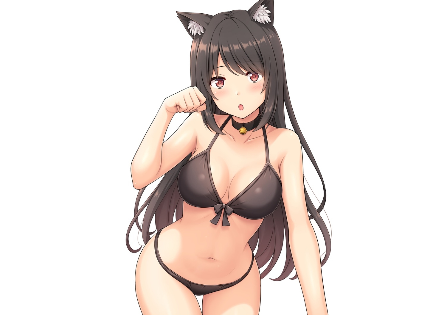 animal_ears, bell, bikini, black_hair, blush, breasts, catgirl, cleavage