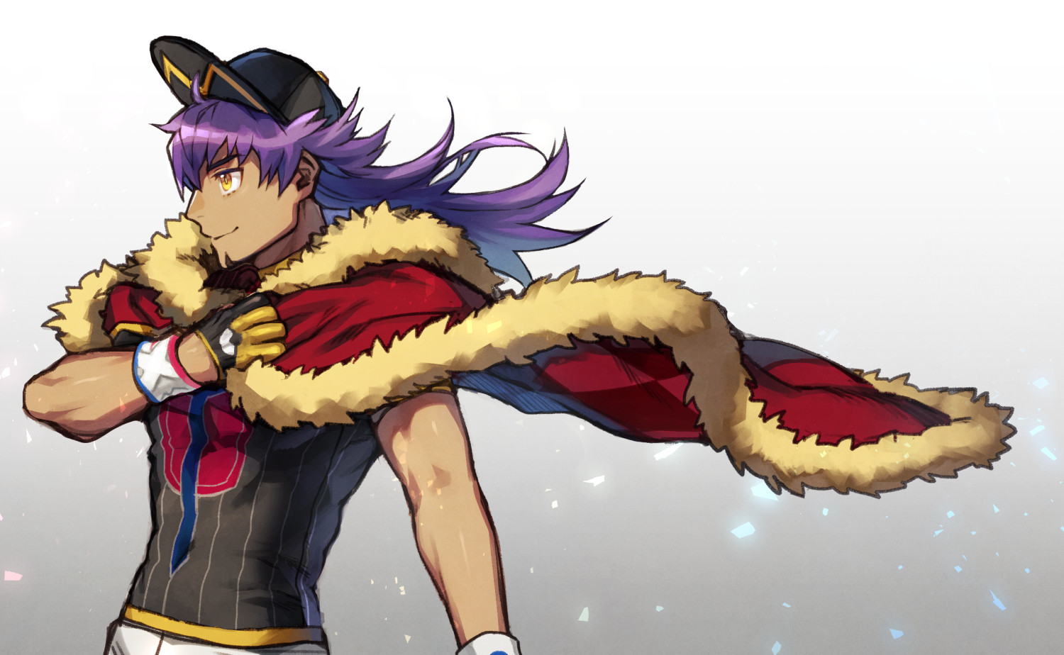 all_male, cape, dande_(pokemon), dark_skin, gloves, gradient, hat, long_hair, male, pokemon, purple_hair, wristwear, yellow_eyes, yukibi