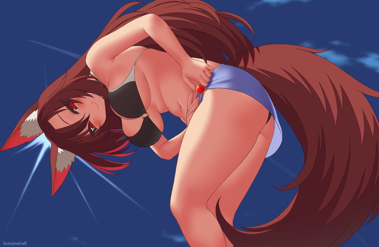 animal_ears, ass, bikini, blush, breasts, brown_hair, cleavage, clouds