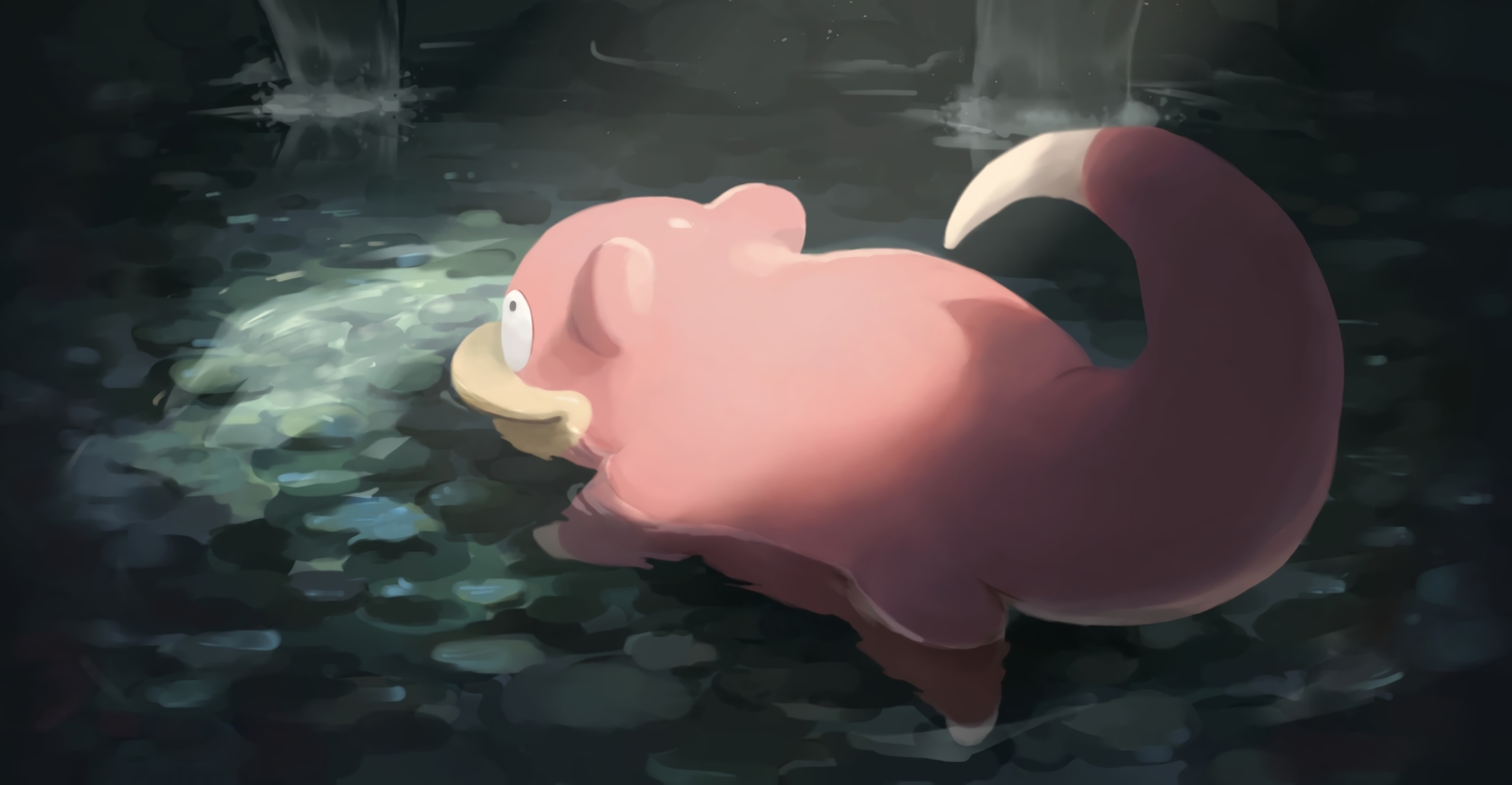 na_(oagenosuke), no_humans, pokemon, shade, slowpoke, water, waterfall
