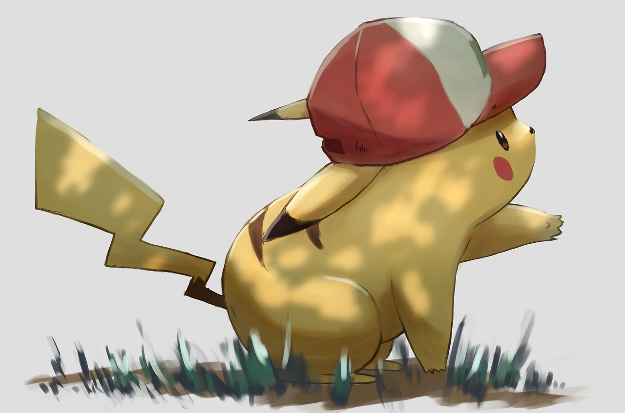grass, gray, hat, na_(oagenosuke), no_humans, pikachu, pokemon, shade
