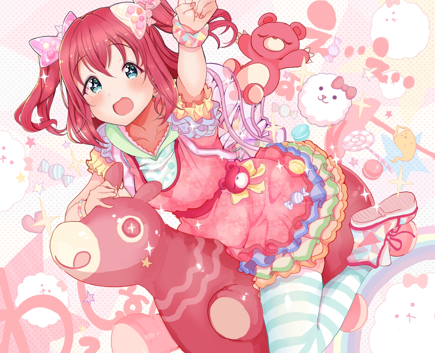 aqua_eyes, blush, bow, hood, kurosawa_ruby, kuzu_kow, love_live!_school_idol_project, love_live!_sunshine!!, red_hair, short_hair, teddy_bear, thighhighs, twintails, wristwear