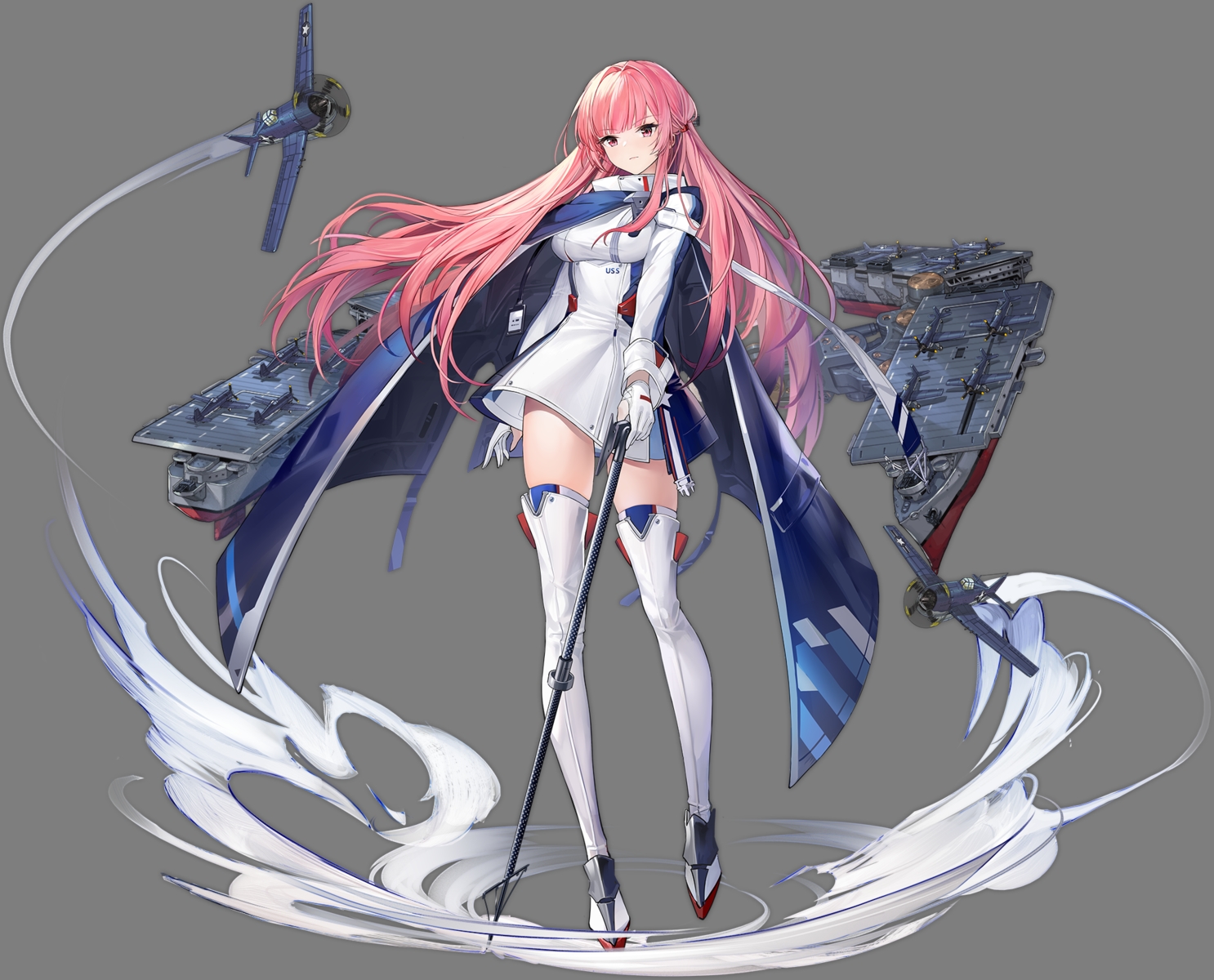 aircraft, anthropomorphism, azur_lane, boots, cape, dress, gloves, long_hair, mechagirl, pink_eyes, pink_hair, princeton_(azur_lane), tagme_(artist), thighhighs, transparent, zettai_ryouiki