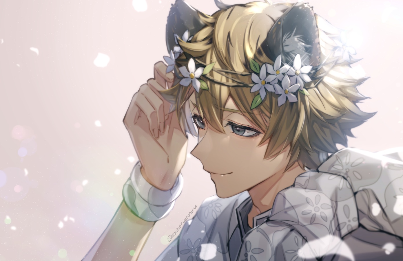 all_male, animal_ears, black_eyes, brown_hair, close, flowers, headdress, male, nori_matsu, ruggie_bucchi, short_hair, signed, twisted_wonderland, wristwear