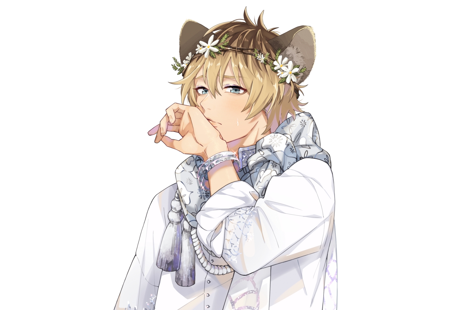 animal_ears, blush, brown_hair, con_potata, flowers, gray_eyes, headdress, ruggie_bucchi, scarf, short_hair, third-party_edit, twisted_wonderland, white, wristwear