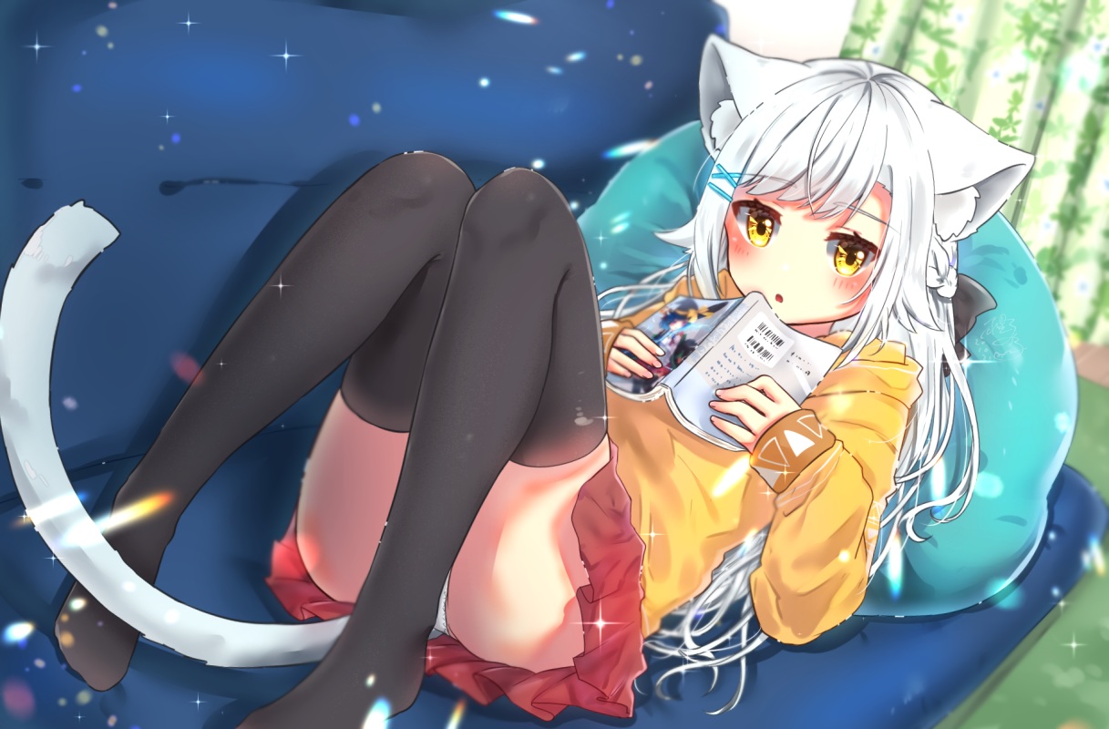 animal_ears, blush, book, bow, braids, catgirl, couch, hood, long_hair, michiru_donut, original, panties, skirt, tail, thighhighs, underwear, white_hair, yellow_eyes