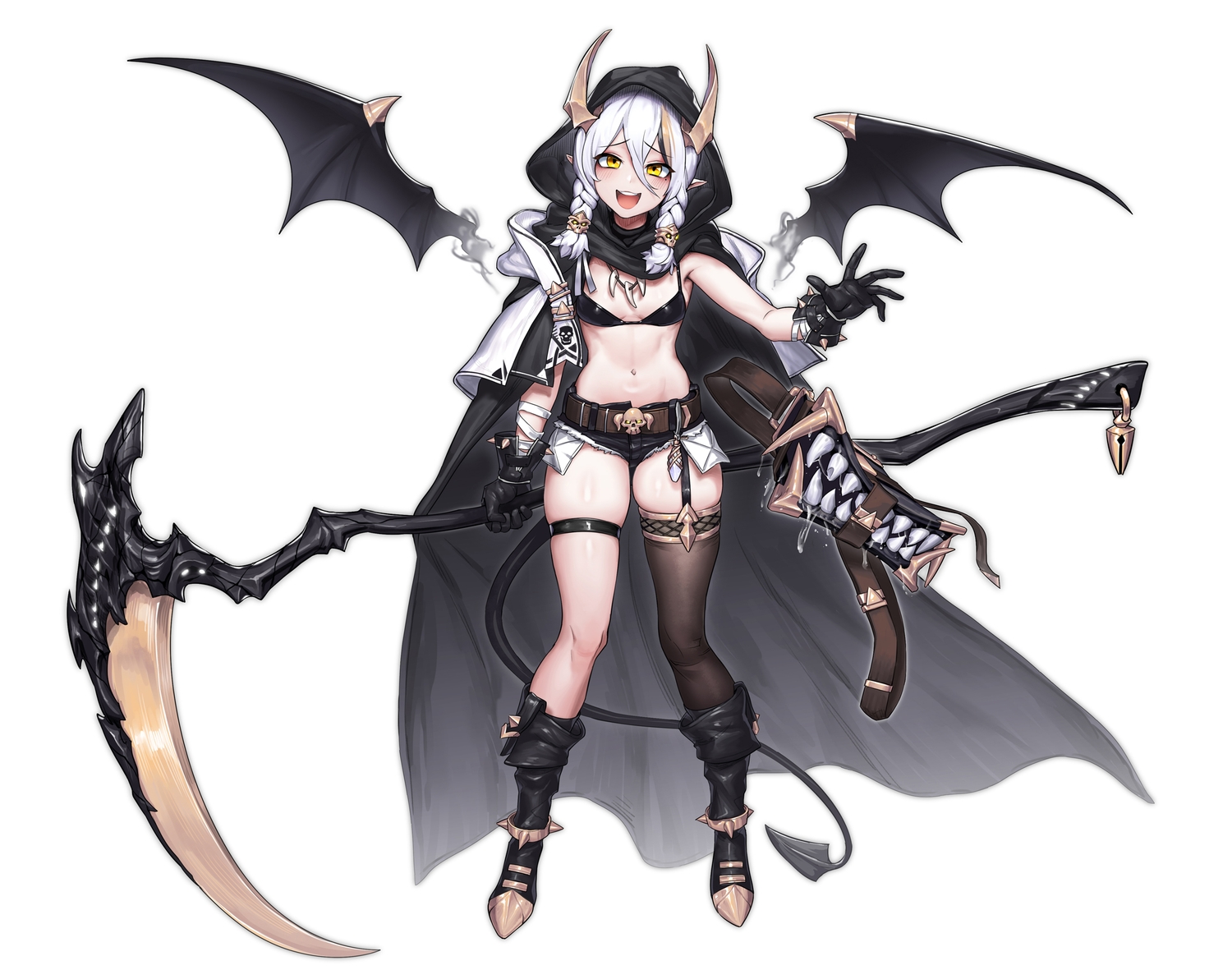 bikini_top, blush, boots, braids, cain_(gunnermul), cape, demon, garter, garter_belt, gloves, hood, horns, necklace, original, pointed_ears, scythe, shorts, stockings, tail, twintails, weapon, white, white_hair, wings, yellow_eyes