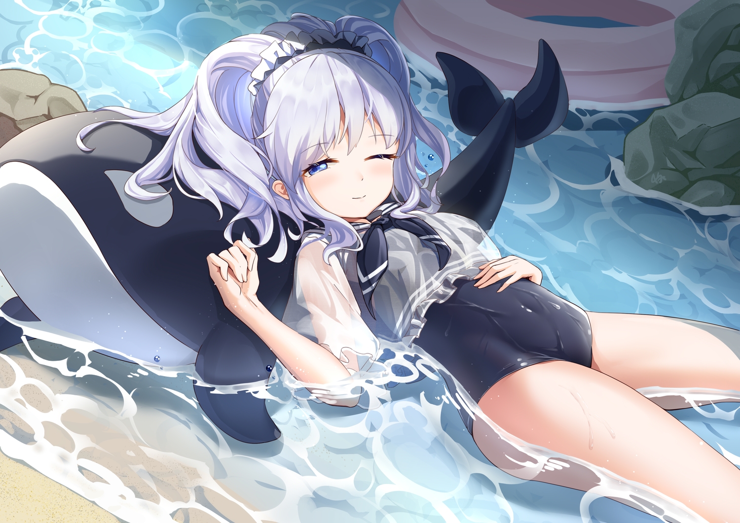 anthropomorphism, blue_eyes, loli, long_hair, ponytail, qian_ze_chiz, school_swimsuit, see_through, sigsbee_(zhanjian_shaonu), swim_ring, swimsuit, water, wet, white_hair, wink, zhanjian_shaonu