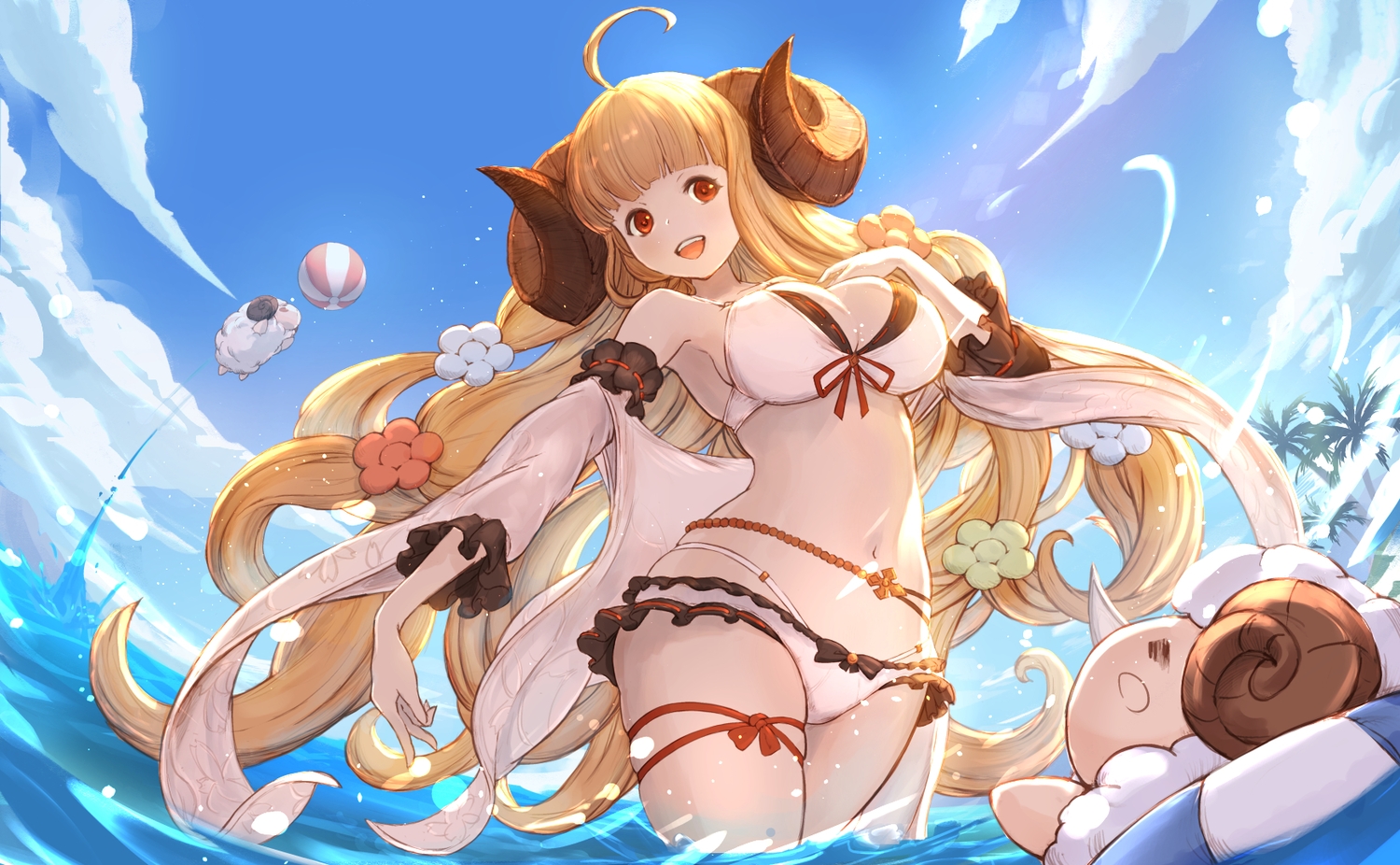 anila_(granblue_fantasy), animal, ball, bikini, breasts, cleavage, clouds, granblue_fantasy