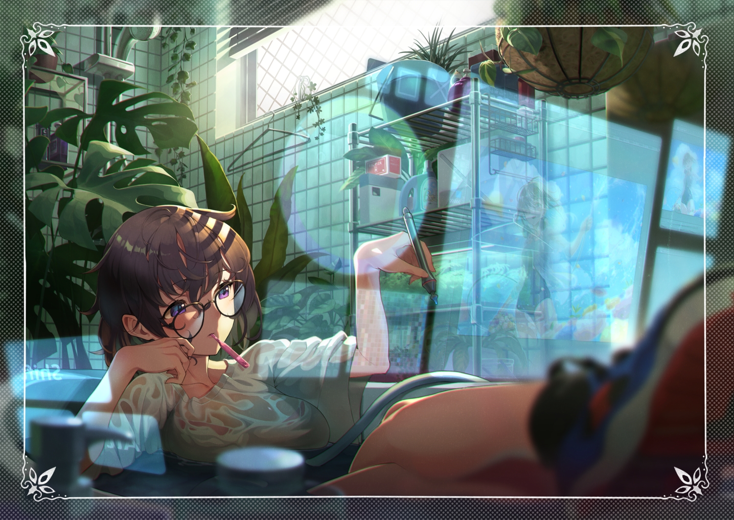 bath, bathtub, brown_hair, glasses, kabu_(e90vwggy), original, purple_eyes, short_hair