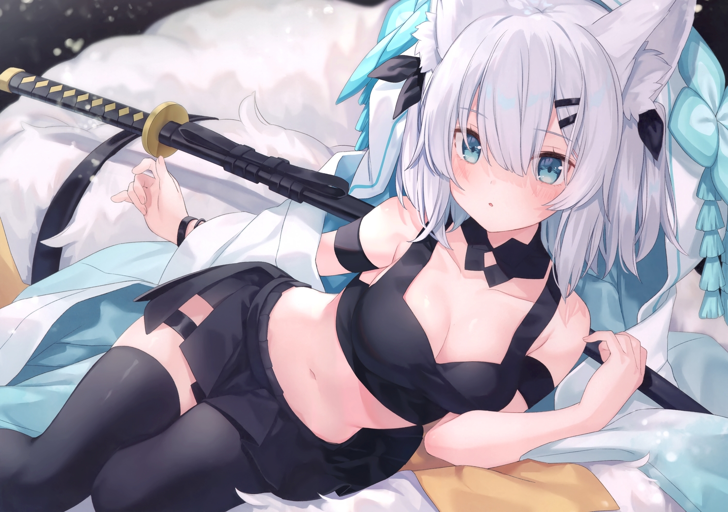 animal_ears, aqua_eyes, ars_almal, blush, breasts, cleavage, foxgirl, garter, gray_hair, hood, jimmy_madomagi, katana, navel, nijisanji, scan, skirt, sword, tail, thighhighs, weapon, zettai_ryouiki