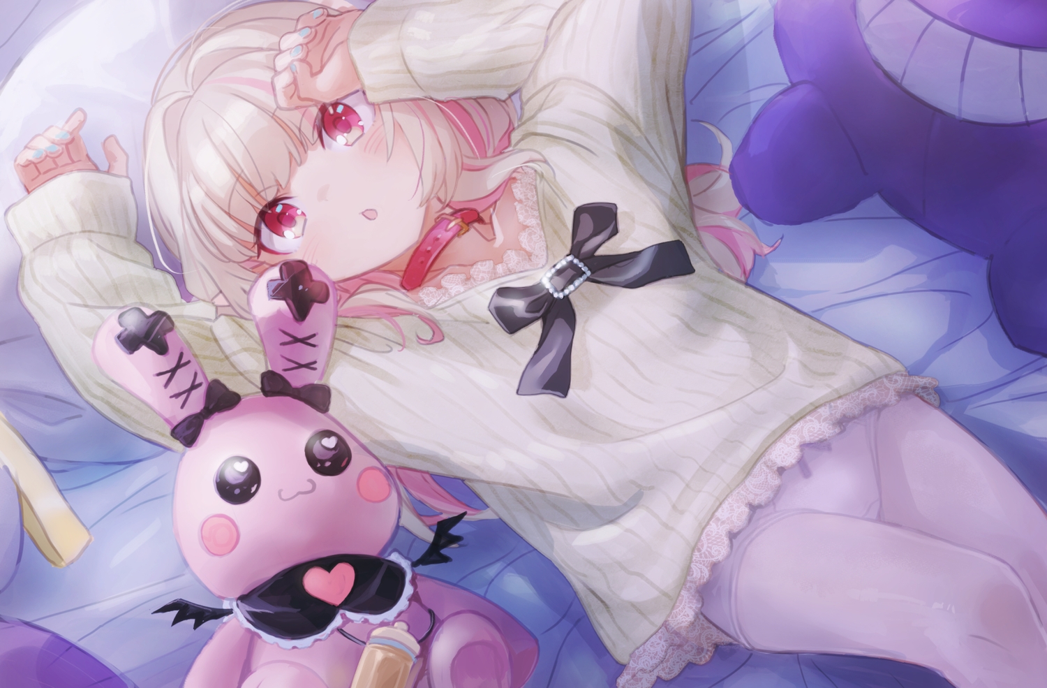bed, blonde_hair, bunny, collar, demon, loli, makaino_ririmu, nijisanji, panties, pantyhose, pointed_ears, red_eyes, sabamen, underwear