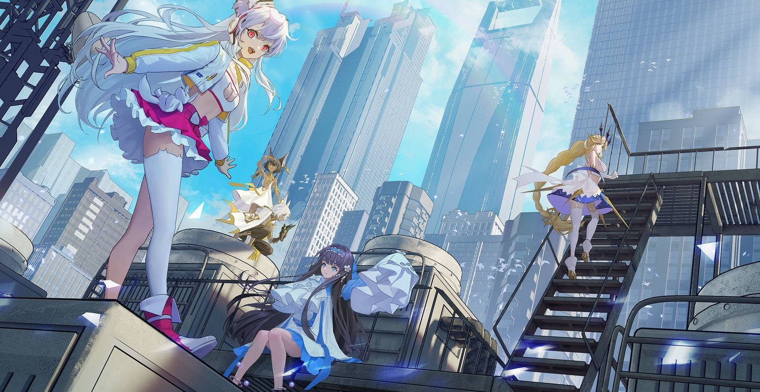 animal_ears, building, city, group, long_hair, rooftop, short_hair, stairs