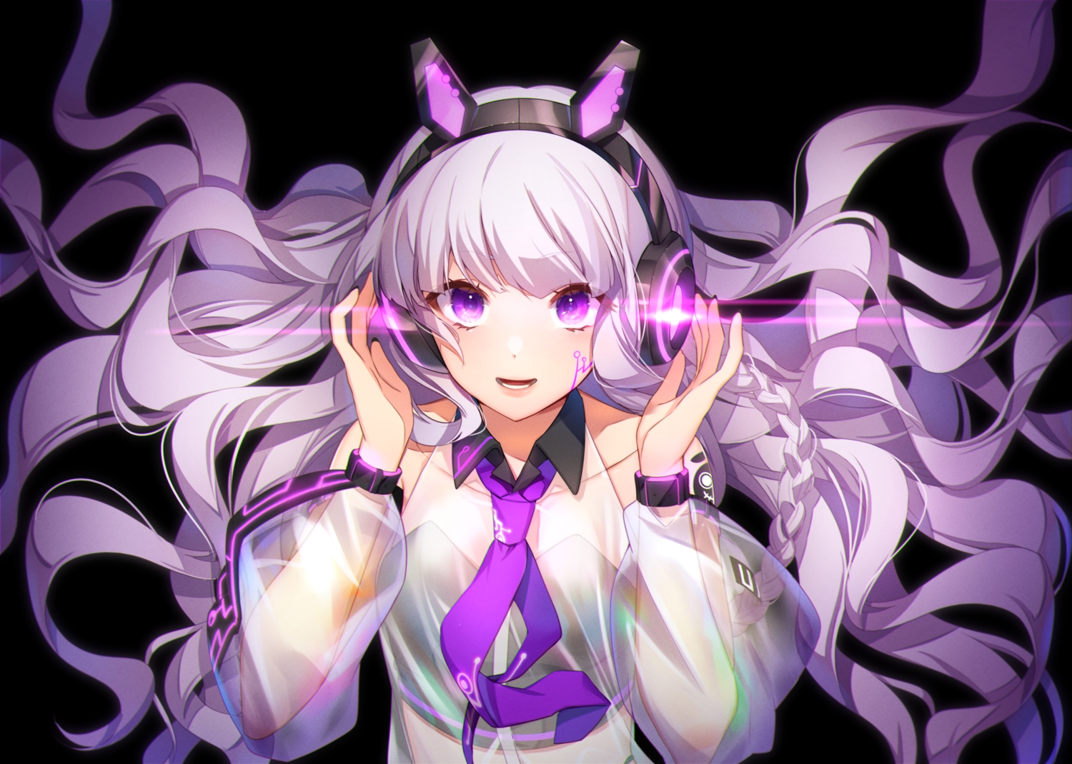black_hair, close, gray_hair, headphones, kurousagi_uru, kurousagi_uru_-virtual-, nonomaro, purple_eyes, see_through, tie